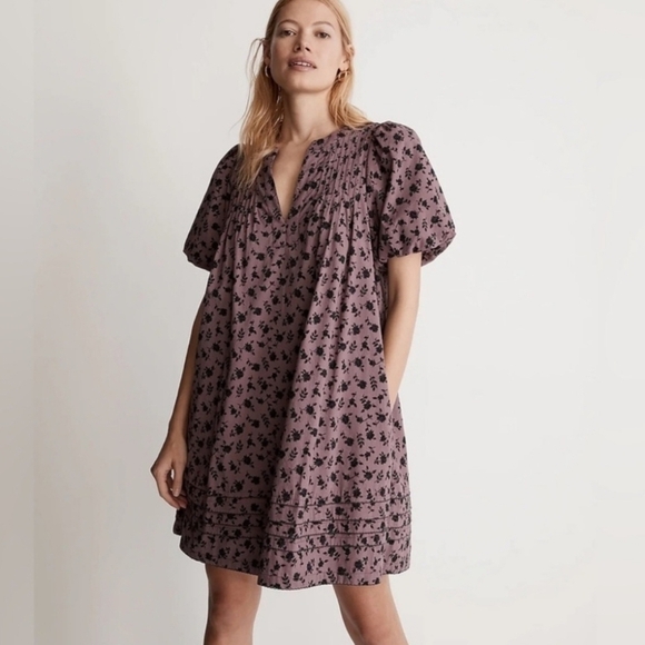 Madewell Dresses & Skirts - Madewell Tillie Puff-Sleeve Mini Dress Shadow Bloom Pin Tuck Detail Violet XS